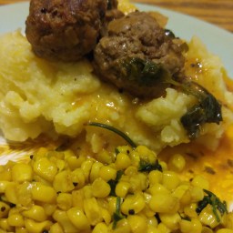 Lamb Meatballs in a curry with Mustard Seed Corn